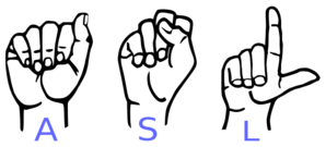 Hand figures spelling A S L in American Sign Language