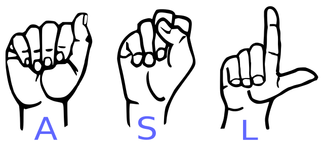 Hand figures spelling A S L in American Sign Language