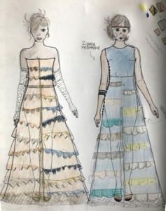Two dresses drawn on top of a croquis (fashion template)