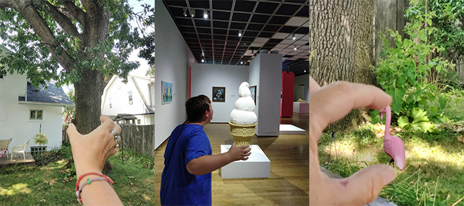 Photo examples of forced perspective photography, including a giant hand holding a tree trunk, a boy licking a giant ice cream cone, and a huge hand pinching a lawn flamingo.