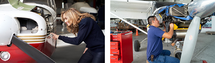 Aviation students examining planes in the hanger.