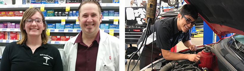Image one: a student in a pharmacy standing next to a pharmacist. Image two: a student working under the hood of a car