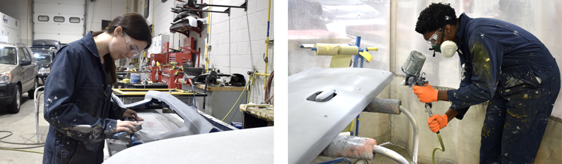 Auto Collision/Refinishing students practicing sanding and painting in the paint booth