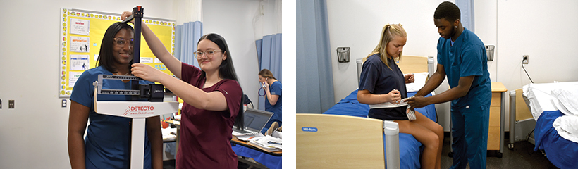 Allied Health students practicing taking height and weight measurements along with patient transfers