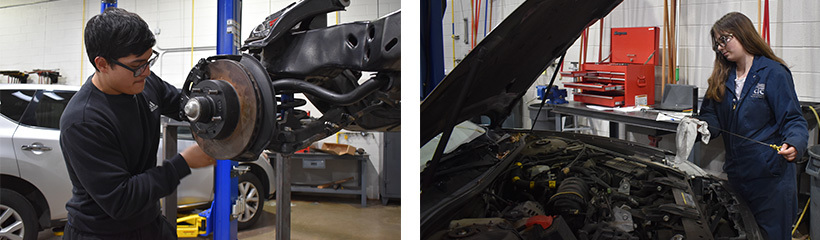 Auto Service Technology students repairing brakes and checking engine oil