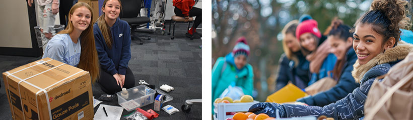 Image one: two students stock first aid kits for classrooms. Image two: students volunteering at a food distribution center smile at the camera.