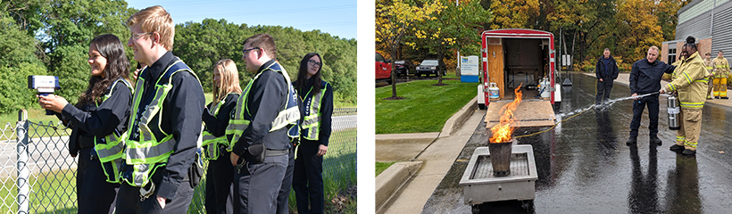Criminal Justice students check the speeds of vehicles on the highway and using a fire extinguisher to put out a controlled fire