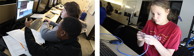 Two students solve a cybersecurity problem. A student assembles an ethernet cable.