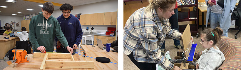 Design Thinking Engineering students working on a prototype for a client while others present a prototype to a client