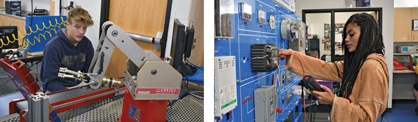 Electrical/Computer Technologies students practicing working on circuit boards and alternate energy trainers