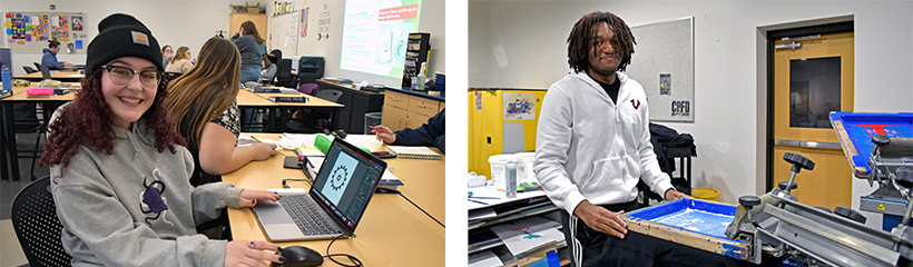A Graphic Production student creating a design on a MacBook while another student screenprints a tee shirt 