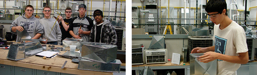 A group of students standing together next to the ductwork they built. A student working on constructing a piece of ductwork.