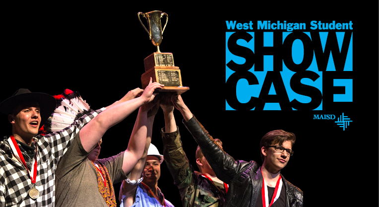Showcase winners holding their trophy in the air. Logo superimposed.