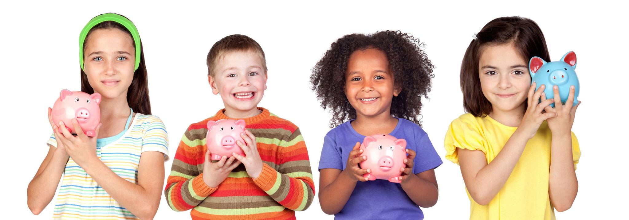 Group of kids smiling holding piggy banks