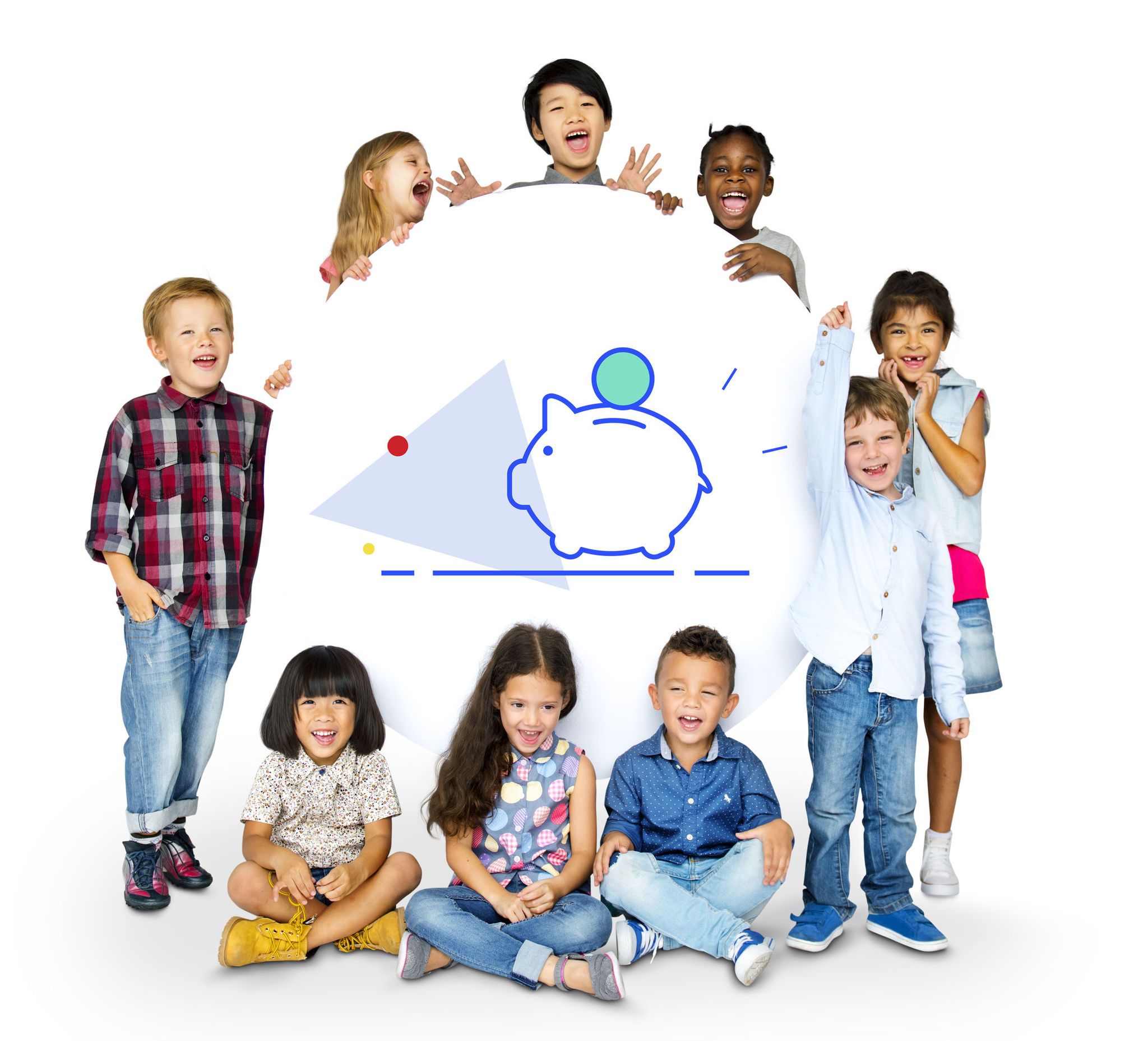 Kids standing around a poster with a piggy bank