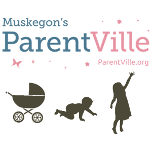 Muskegon's Parentville logo, with baby carriage, crawling baby, and young child. parentville.org 