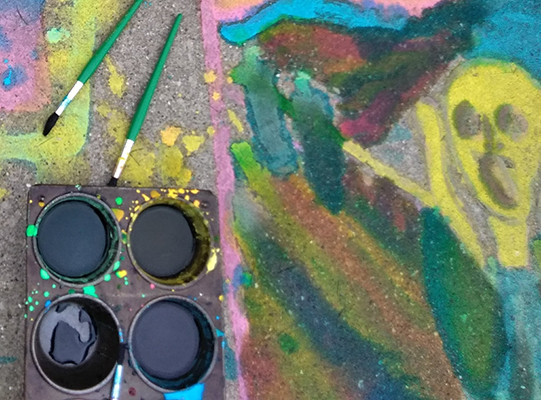 In-progress sidewalk chalk painting of "The Scream" by Edvard Munch.